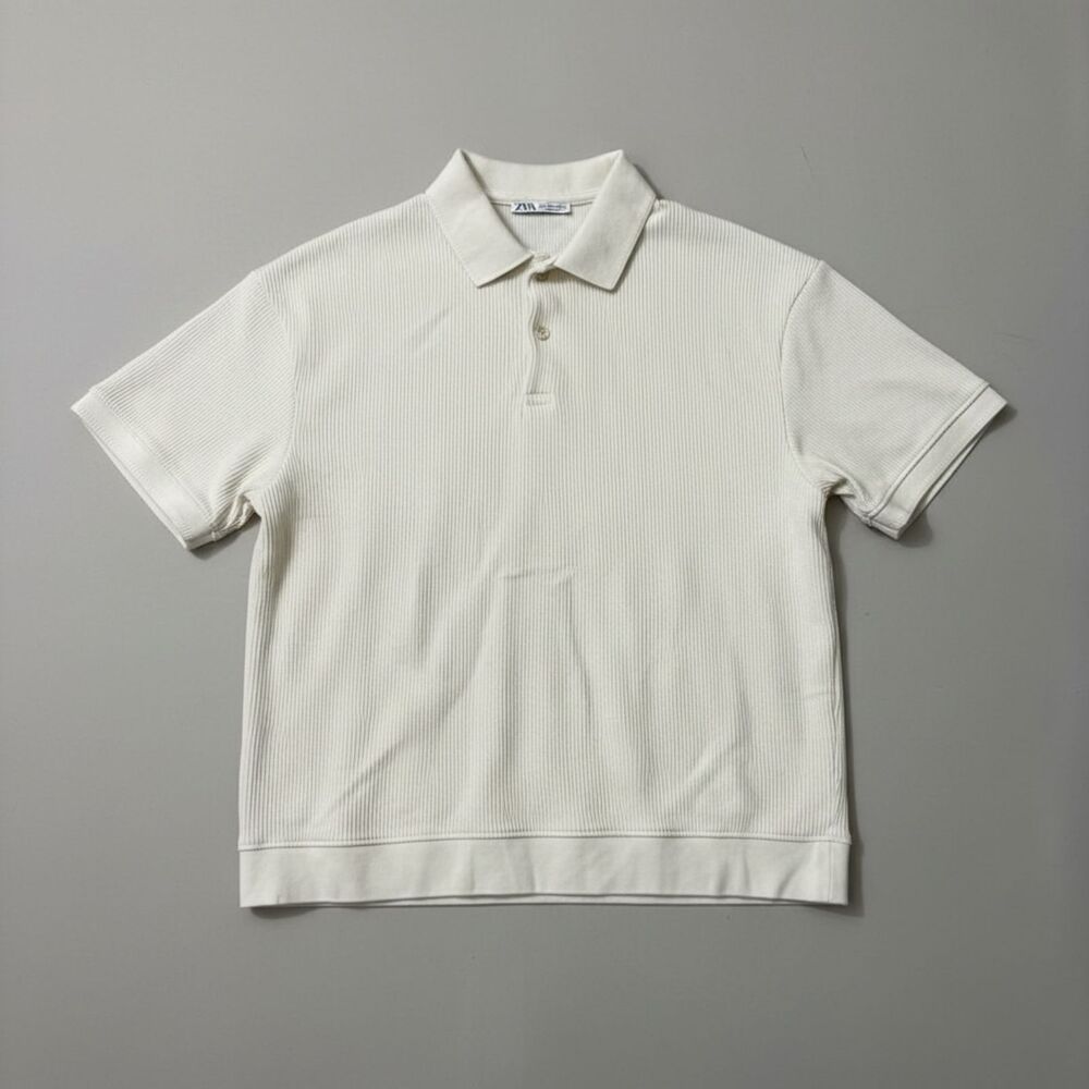 ZARA MAN Men's Polo Ribbed Vertical Textured Short Sleeve Ivory M